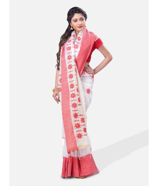 Traditional Bengali Cotton Handloom Khadi Star Tant Saree Of Bengal With Blouse Piece (Red White)   