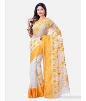  Pure Cotton Handloom Traditional Khadi Bengali Tant Saree Very Soft Cotton Materials Star Design With Blouse Piece (Yellow White)