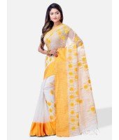  Pure Cotton Handloom Traditional Khadi Bengali Tant Saree Very Soft Cotton Materials Star Design With Blouse Piece (Yellow White)