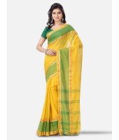 Pure Malmal Cotton and Bengal Soft Khadi Muslin Type Handloom Cotton Saree Zari Exclusive Design With Blouse Piece (Yellow Green Red)