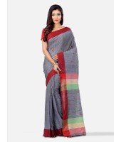 Pure Cotton Traditional Bengali Handloom Tant Saree Very Soft Cotton Materials Clical Desigined With Blouse Pcs (Grey Red Green)