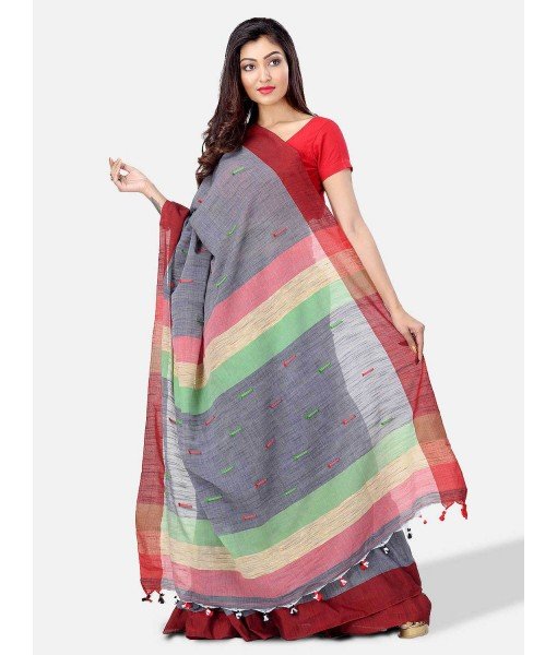 Pure Cotton Traditional Bengali Handloom Tant Saree Very Soft Cotton Materials Clical Desigined With Blouse Pcs (Grey Red Green)