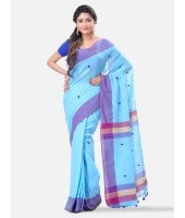 Pure Cotton 100% Traditional Bengali Handloom Tant Saree Very Soft Cotton Materials"Clical Desigined" With Blouse Piece(Sky Blue Pink)