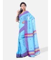 Pure Cotton 100% Traditional Bengali Handloom Tant Saree Very Soft Cotton Materials"Clical Desigined" With Blouse Piece(Sky Blue Pink)