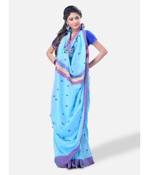 Pure Cotton 100% Traditional Bengali Handloom Tant Saree Very Soft Cotton Materials"Clical Desigined" With Blouse Piece(Sky Blue Pink)