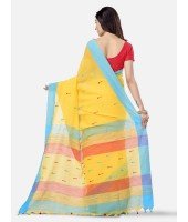 Women Traditional Handloom Woven Design Bengal Khadi Cotton Tant Saree With Blouse Piece Yellow with blue border