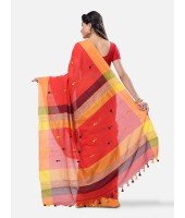 Pure Cotton 100% Traditional Bengali Handloom Tant Saree Very Soft Cotton Materials"Clical Desigined" With Blouse Piece (Red Yellow Black)   