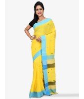 Pure Cotton 100% Traditional Yellow Bengali Handloom Tant Saree Very Soft Cotton Materials"Clical Desigined" With Blouse Picas