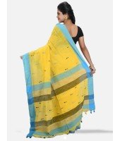 Pure Cotton 100% Traditional Yellow Bengali Handloom Tant Saree Very Soft Cotton Materials"Clical Desigined" With Blouse Picas