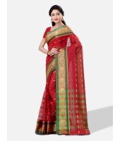  Women`s Santipur Handloom Bengal Tant Saree with Bnegali Cotton Saree Handmade Whole Body Nakshakata Design (Red Green)   