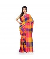 DESH BIDESH Women`s Traditional Bengali Tant Handloom Pure Cotton Saree Checked Desigined With Blouse Piece (Yellow Multicolor)