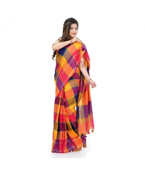 DESH BIDESH Women`s Traditional Bengali Tant Handloom Pure Cotton Saree Checked Desigined With Blouse Piece (Yellow Multicolor)