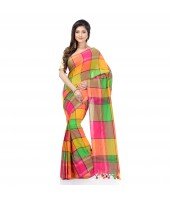 DESH BIDESH Women`s Traditional Bengali Tant Handloom Pure Cotton Saree Checked Desigined With Blouse Piece (Green Multicolor)