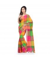 DESH BIDESH Women`s Traditional Bengali Tant Handloom Pure Cotton Saree Checked Desigined With Blouse Piece (Green Multicolor)