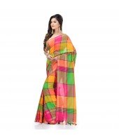 DESH BIDESH Women`s Traditional Bengali Tant Handloom Pure Cotton Saree Checked Desigined With Blouse Piece (Green Multicolor)