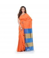 DESH BIDESH Women`s Bengal Handloom Cotton Silk Saree With Blouse Piece (Orange Blue)