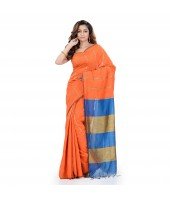 DESH BIDESH Women`s Bengal Handloom Cotton Silk Saree With Blouse Piece (Orange Blue)