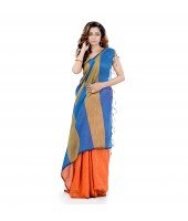 DESH BIDESH Women`s Bengal Handloom Cotton Silk Saree With Blouse Piece (Orange Blue)