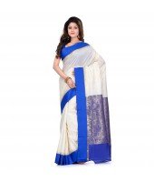 DESH BIDESH Women`s Bengal Premium Art Silk Saree Fine Smooth Original Art Silk Designed Saree With Blouse Pcs. Handmade Exclusive Flower with Kalka with Whole Body Design (White and Blue)