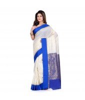 DESH BIDESH Women`s Bengal Premium Art Silk Saree Fine Smooth Original Art Silk Designed Saree With Blouse Pcs. Handmade Exclusive Flower with Kalka with Whole Body Design (White and Blue)