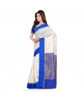 DESH BIDESH Women`s Bengal Premium Art Silk Saree Fine Smooth Original Art Silk Designed Saree With Blouse Pcs. Handmade Exclusive Flower with Kalka with Whole Body Design (White and Blue)