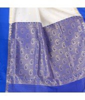 DESH BIDESH Women`s Bengal Premium Art Silk Saree Fine Smooth Original Art Silk Designed Saree With Blouse Pcs. Handmade Exclusive Flower with Kalka with Whole Body Design (White and Blue)