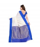 DESH BIDESH Women`s Bengal Premium Art Silk Saree Fine Smooth Original Art Silk Designed Saree With Blouse Pcs. Handmade Exclusive Flower with Kalka with Whole Body Design (White and Blue)