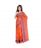 DESH BIDESH Women`s Traditional Bengal Tant Woven Bee Kolka Design Pure Handloom Cotton Saree Without Blouse Piece (Orange)