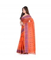 DESH BIDESH Women`s Traditional Bengal Tant Woven Bee Kolka Design Pure Handloom Cotton Saree Without Blouse Piece (Orange)