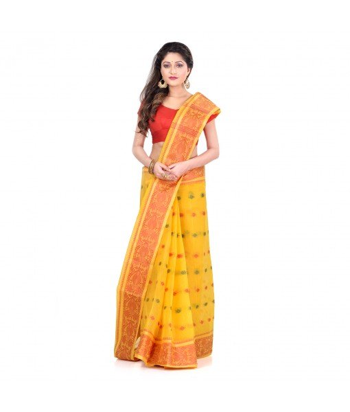  DESH BIDESH Women`s Traditional Bengal Tant Woven Bee Kolka Design Pure Handloom Cotton Saree Without Blouse Piece (Yellow)