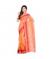 DESH BIDESH Women`s Traditional Bengal Tant Pure Handloom Cotton Saree Woven Kalkatara Design Without Blouse Piece (Light Orange Red)