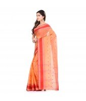 DESH BIDESH Women`s Traditional Bengal Tant Pure Handloom Cotton Saree Woven Kalkatara Design Without Blouse Piece (Light Orange Red)