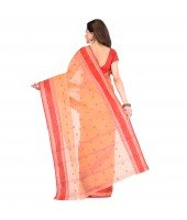 DESH BIDESH Women`s Traditional Bengal Tant Pure Handloom Cotton Saree Woven Kalkatara Design Without Blouse Piece (Light Orange Red)