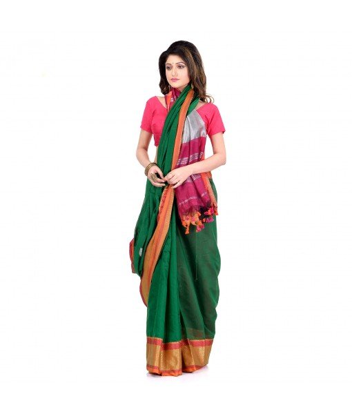 DESH BIDESH Women`s Handloom Cotton Silk Saree Jacquard Maheswari Design Zari Work With Blouse Piece(Green Pink)