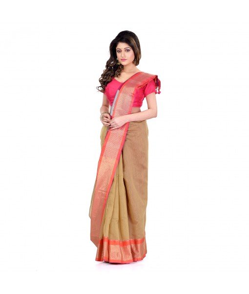 DESH BIDESH Women`s Handloom Cotton Silk Saree Jacquard Maheswari Design Zari Work With Blouse Piece(Mustard Yellow Pink)