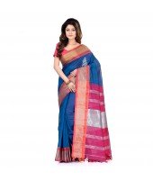 DESH BIDESH Women`s Handloom Cotton Silk Saree Jacquard Maheswari Design Zari Work With Blouse Piece(Blue Pink)