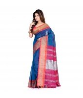 DESH BIDESH Women`s Handloom Cotton Silk Saree Jacquard Maheswari Design Zari Work With Blouse Piece(Blue Pink)