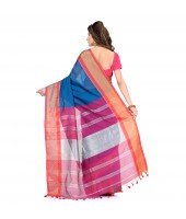 DESH BIDESH Women`s Handloom Cotton Silk Saree Jacquard Maheswari Design Zari Work With Blouse Piece(Blue Pink)