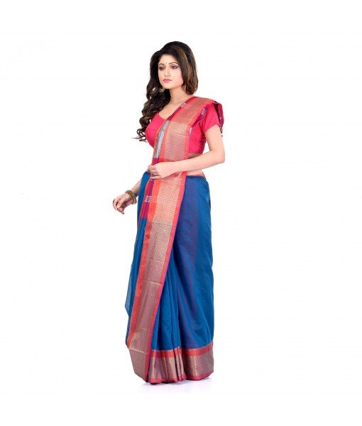 DESH BIDESH Women`s Handloom Cotton Silk Saree Jacquard Maheswari Design Zari Work With Blouse Piece(Blue Pink)