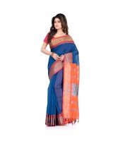 DESH BIDESH Women`s Handloom Cotton Silk Saree Jacquard Maheswari Design Zari Work With Blouse Piece(Blue Orange)