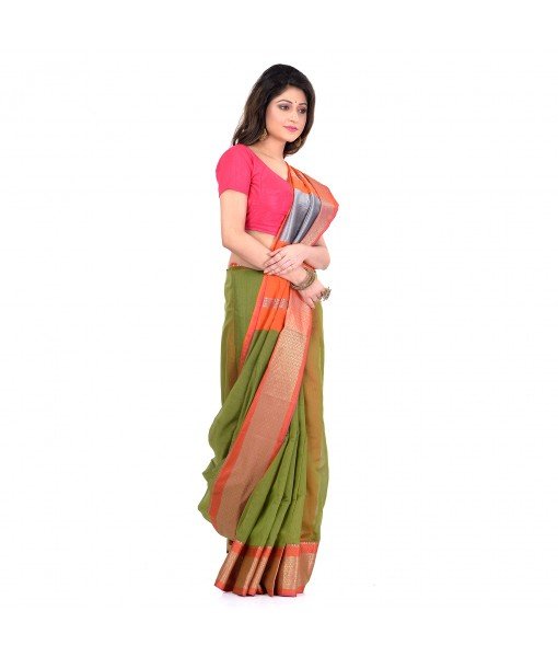 DESH BIDESH Women`s Handloom Cotton Silk Saree Jacquard Maheswari Design Zari Work With Blouse Piece(Light Green Orange)