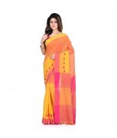  DESH BIDESH Women`s Traditional Bengali Handloom Tant Pure Cotton Saree Pompom Desigined With Blouse Piece (Yellow Pink)