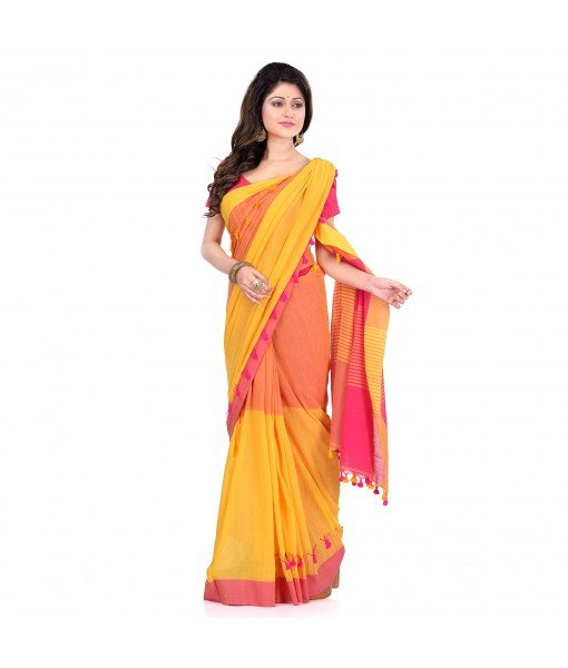  DESH BIDESH Women`s Traditional Bengali Handloom Tant Pure Cotton Saree Pompom Desigined With Blouse Piece (Yellow Pink)