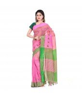 DESH BIDESH Women`s Traditional Bengali Handloom Tant Pure Cotton Saree Pompom Desigined With Blouse Piece (Pink Green)