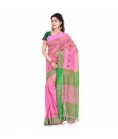 DESH BIDESH Women`s Traditional Bengali Handloom Tant Pure Cotton Saree Pompom Desigined With Blouse Piece (Pink Green)