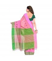 DESH BIDESH Women`s Traditional Bengali Handloom Tant Pure Cotton Saree Pompom Desigined With Blouse Piece (Pink Green)