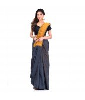 DESH BIDESH Women`s Bengal Half Half Ghicha Handloom Cotton Silk Saree With Blouse Piece (Black Orange)