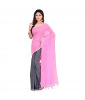 DESH BIDESH Women`s Bengal Half Half Ghicha Handloom Cotton Silk Saree With Blouse Piece (Grey Pink)