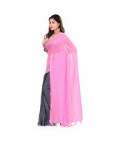 DESH BIDESH Women`s Bengal Half Half Ghicha Handloom Cotton Silk Saree With Blouse Piece (Grey Pink)