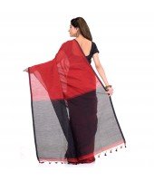 DESH BIDESH Women`s Bengal Half Half Ghicha Handloom Cotton Silk Saree With Blouse Piece (Red Black)